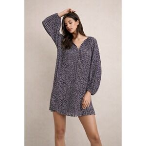Banana‎ Republic Pleated V Neck Long Sleeve Mini Dress Black White Pattern Large